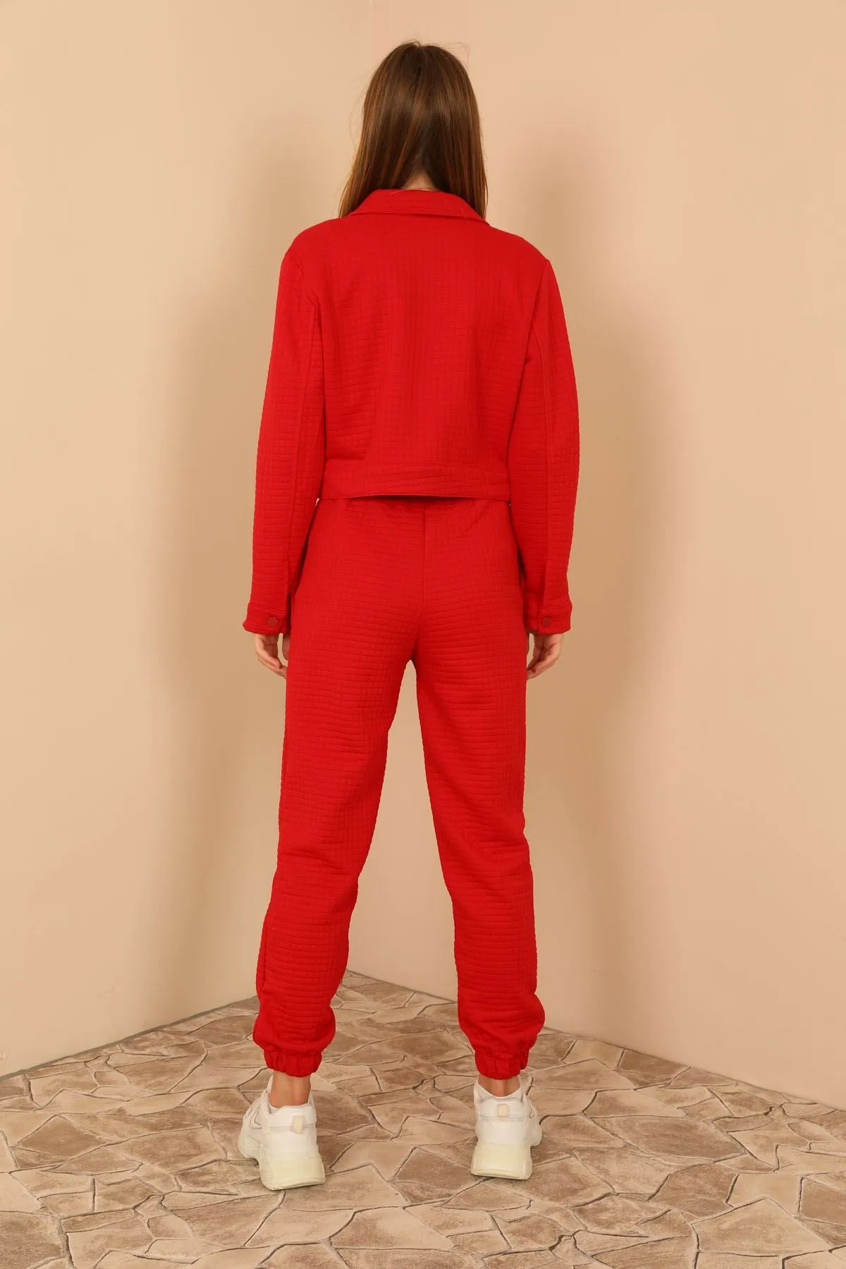 KKT Quilted Fabric Long Sleeve Shirt Collar Short Full Fit Button Up Women Jacket - Red - Orangetown