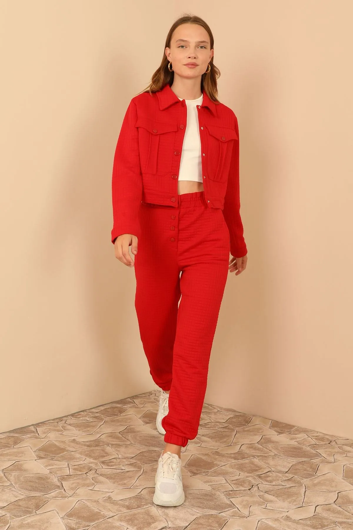 KKT Quilted Fabric Long Sleeve Shirt Collar Short Full Fit Button Up Women Jacket - Red - Orangetown