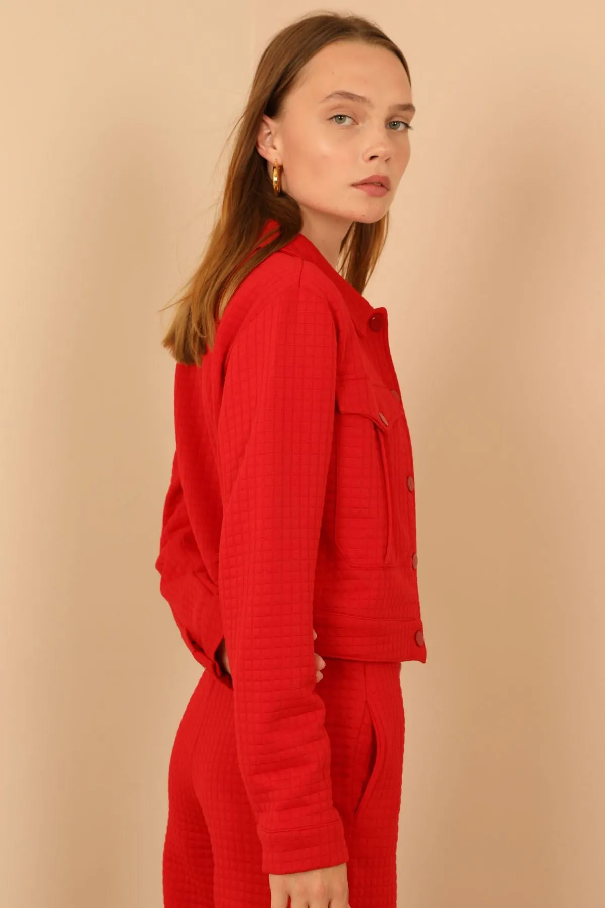 KKT Quilted Fabric Long Sleeve Shirt Collar Short Full Fit Button Up Women Jacket - Red - Orangetown